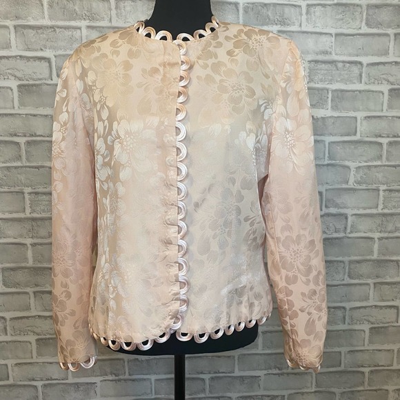 Anne Crimmins Long Sleeve Scalloped Floral Print Satin Blouse Pink Women's 14 - Picture 1 of 6